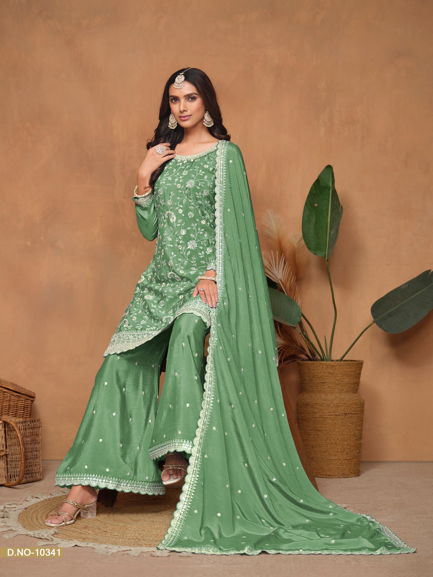 Green Chinnon Resham & Sequins Embroidered Palazzo Suit