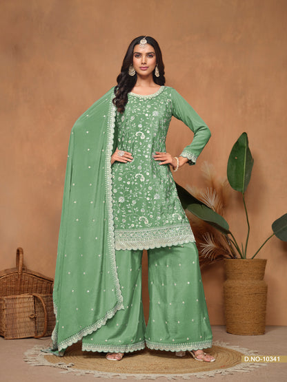 Green Chinnon Resham & Sequins Embroidered Palazzo Suit