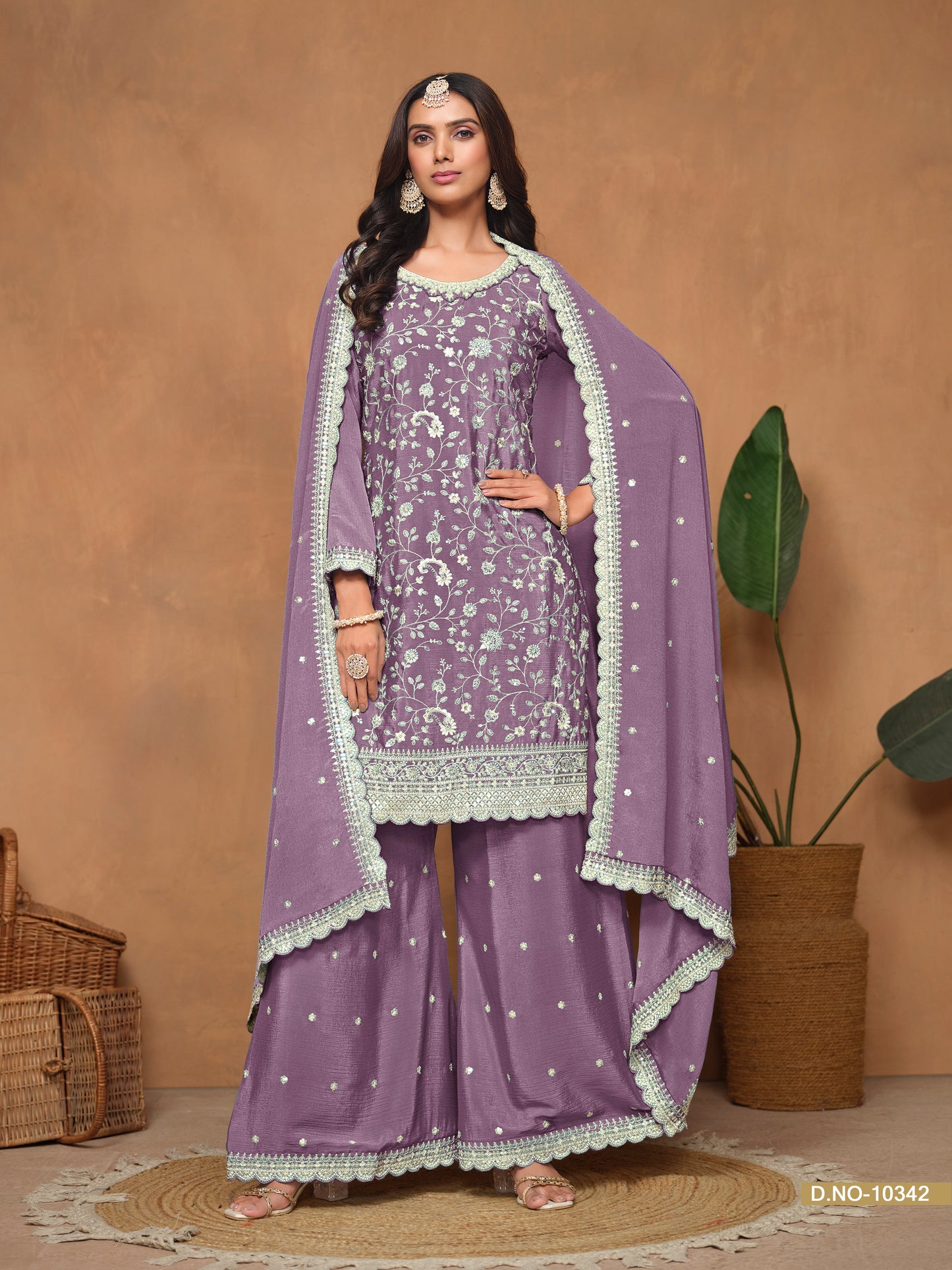 Purple Chinnon Resham & Sequins Embroidered Palazzo Suit