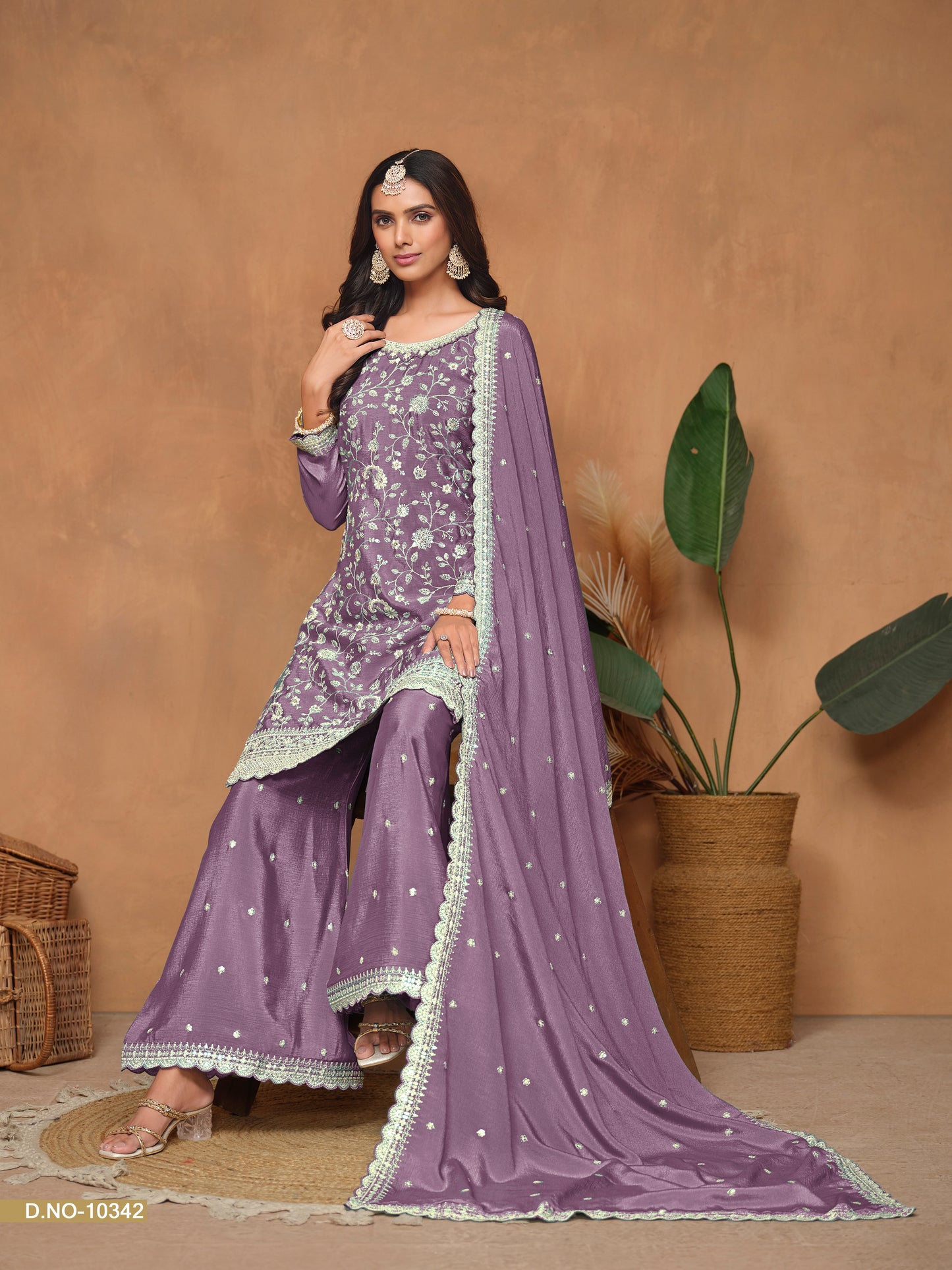 Purple Chinnon Resham & Sequins Embroidered Palazzo Suit