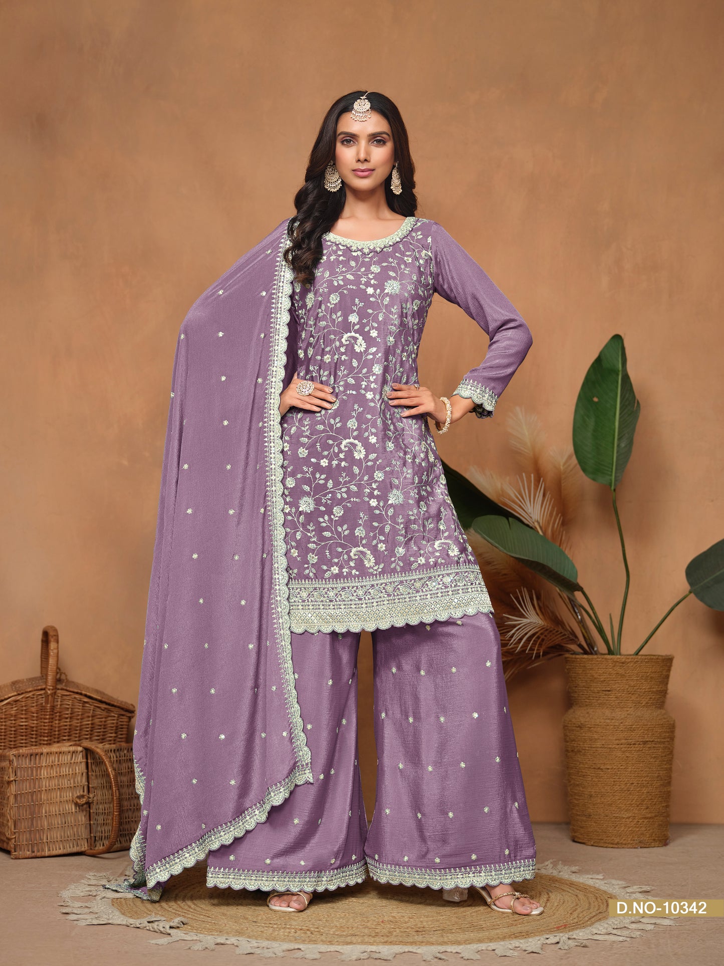 Purple Chinnon Resham & Sequins Embroidered Palazzo Suit