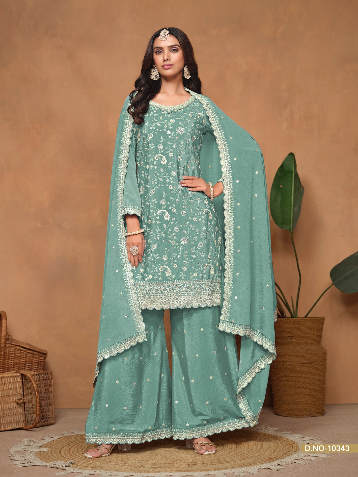 Aqua Blue Chinnon Resham & Sequins Embroidered Palazzo Suit