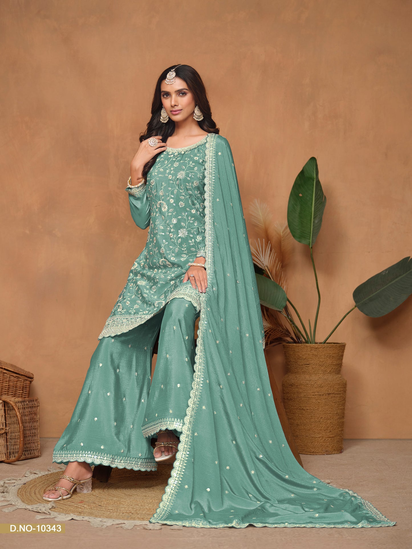 Aqua Blue Chinnon Resham & Sequins Embroidered Palazzo Suit