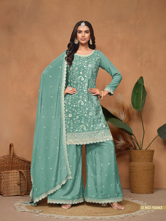 Aqua Blue Chinnon Resham & Sequins Embroidered Palazzo Suit