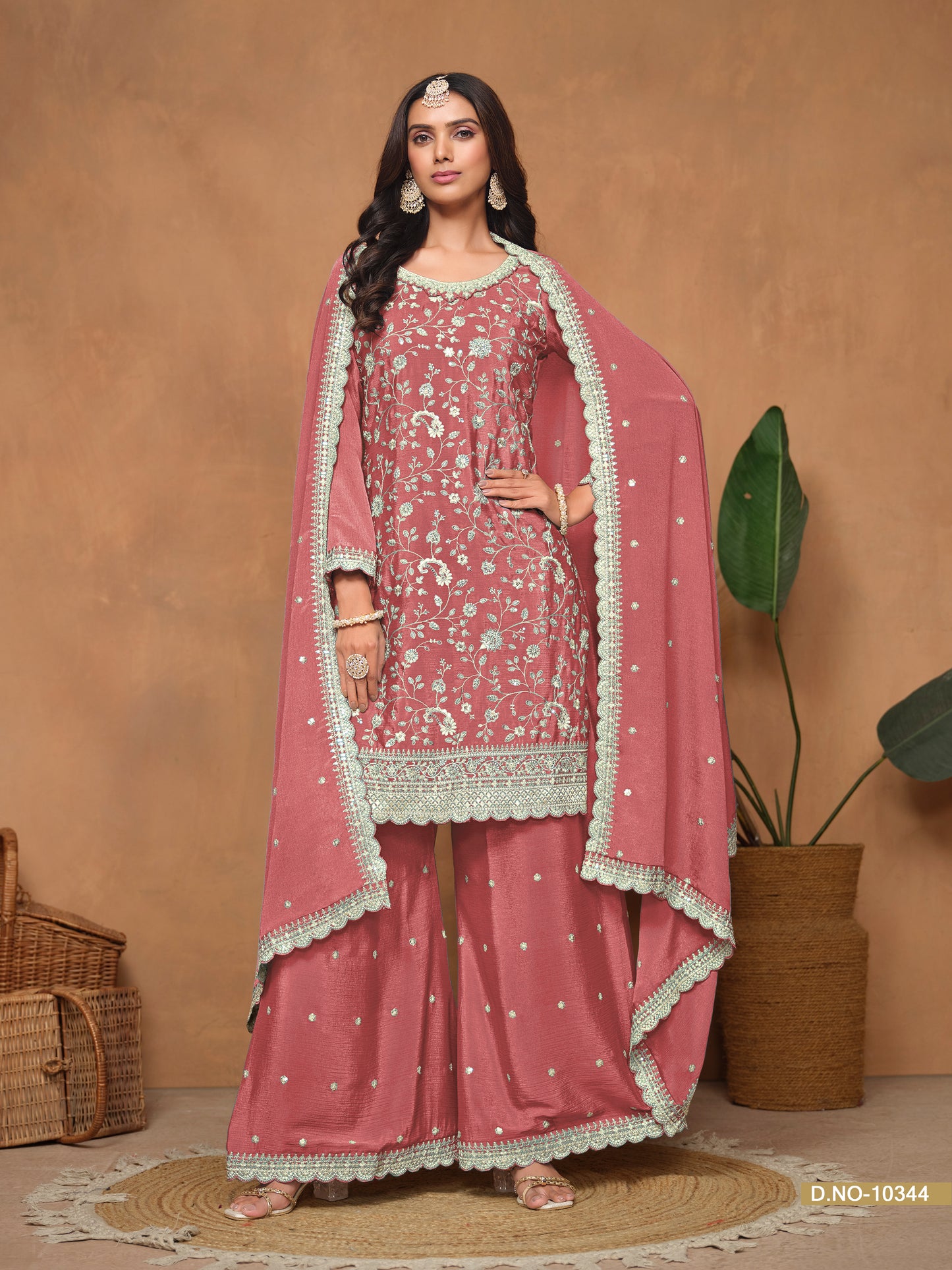 Peach Chinnon Resham & Sequins Embroidered Palazzo Suit