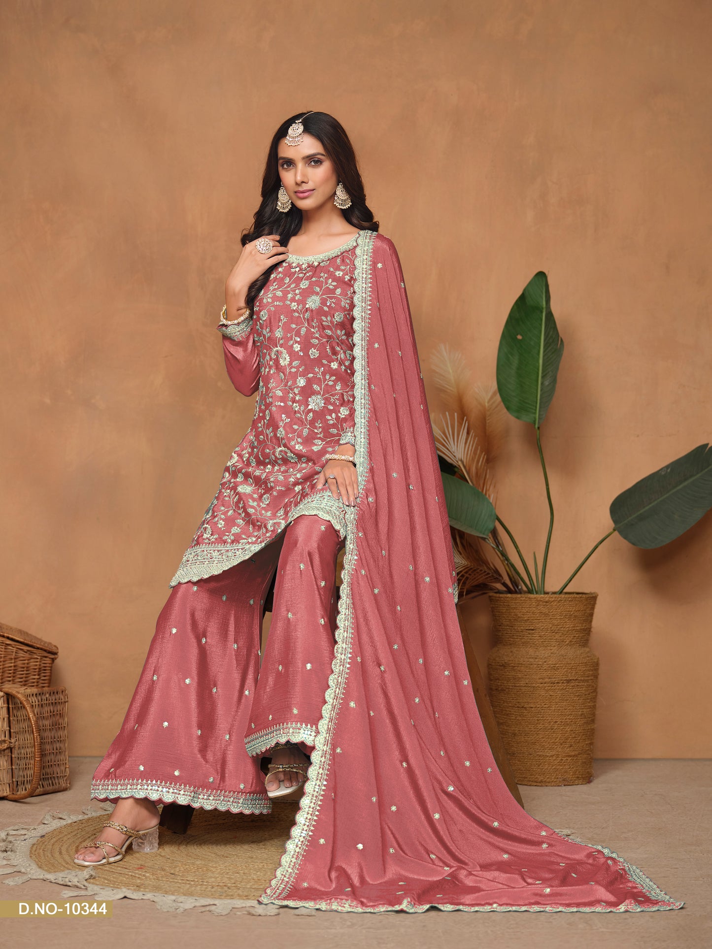 Peach Chinnon Resham & Sequins Embroidered Palazzo Suit