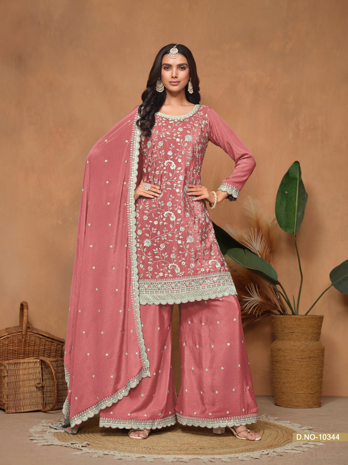 Peach Chinnon Resham & Sequins Embroidered Palazzo Suit