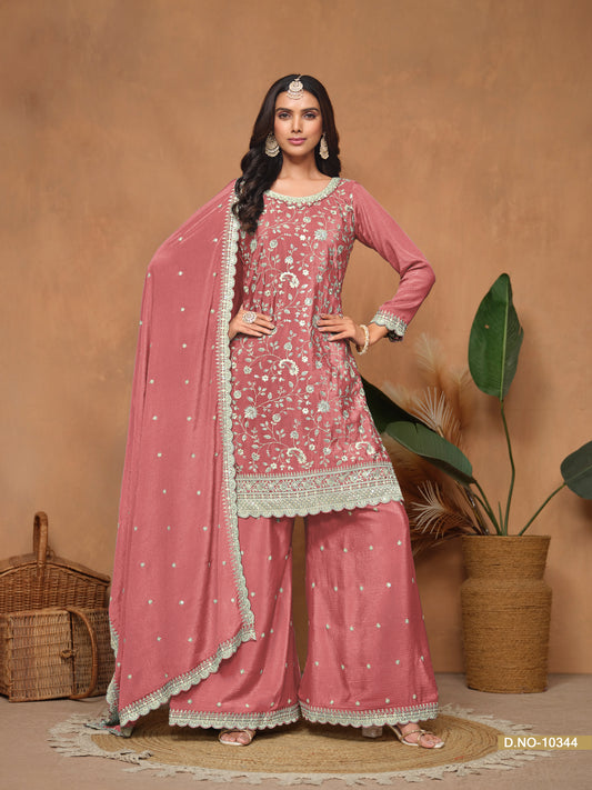 Peach Chinnon Resham & Sequins Embroidered Palazzo Suit