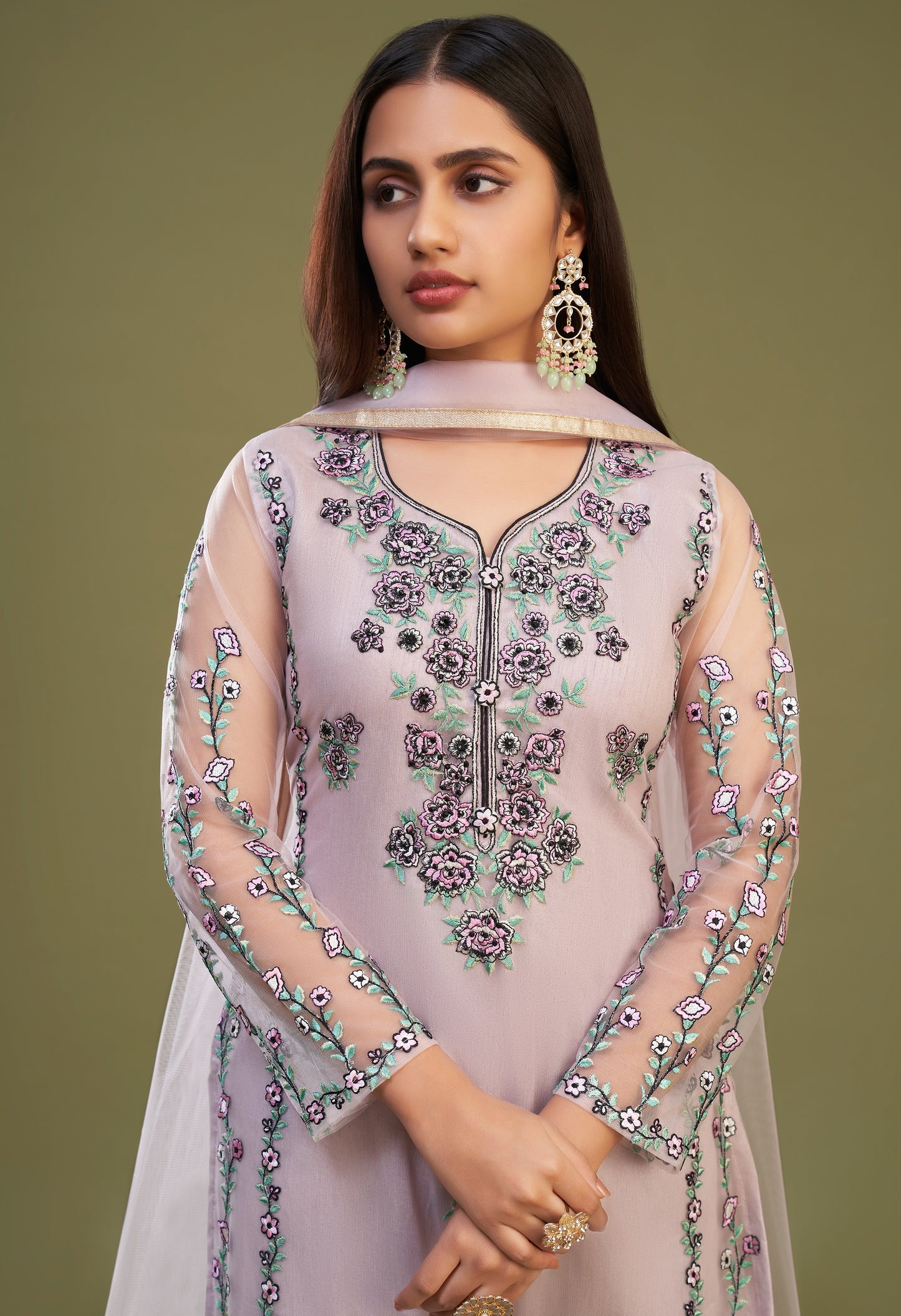 Fascinating Embroidered Net Festival Wear Pant Suit