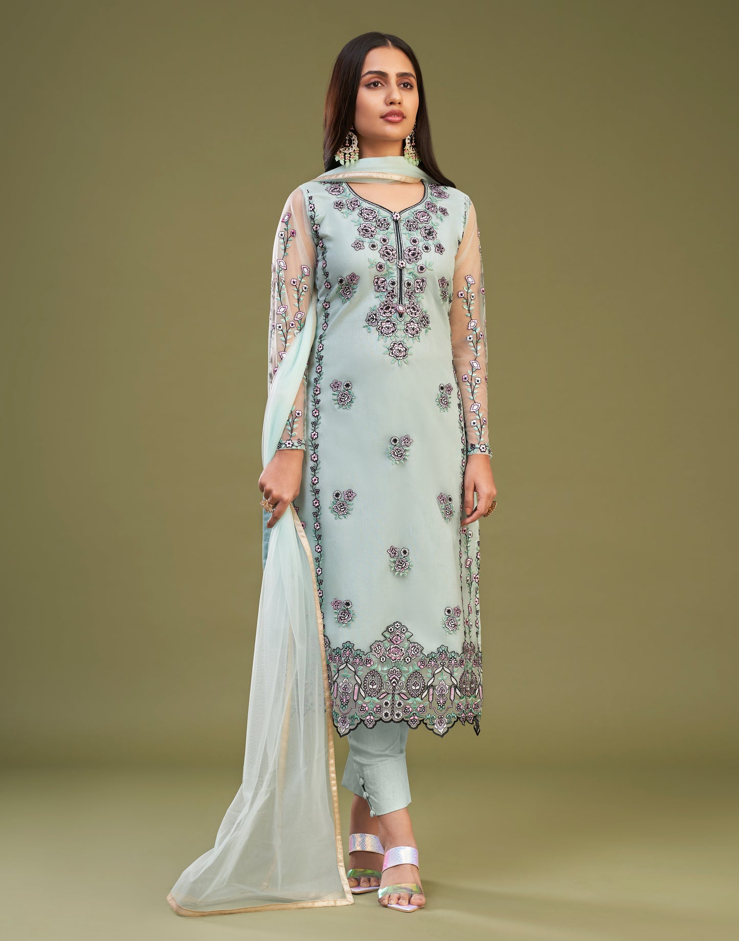 Fascinating Embroidered Net Festival Wear Pant Suit