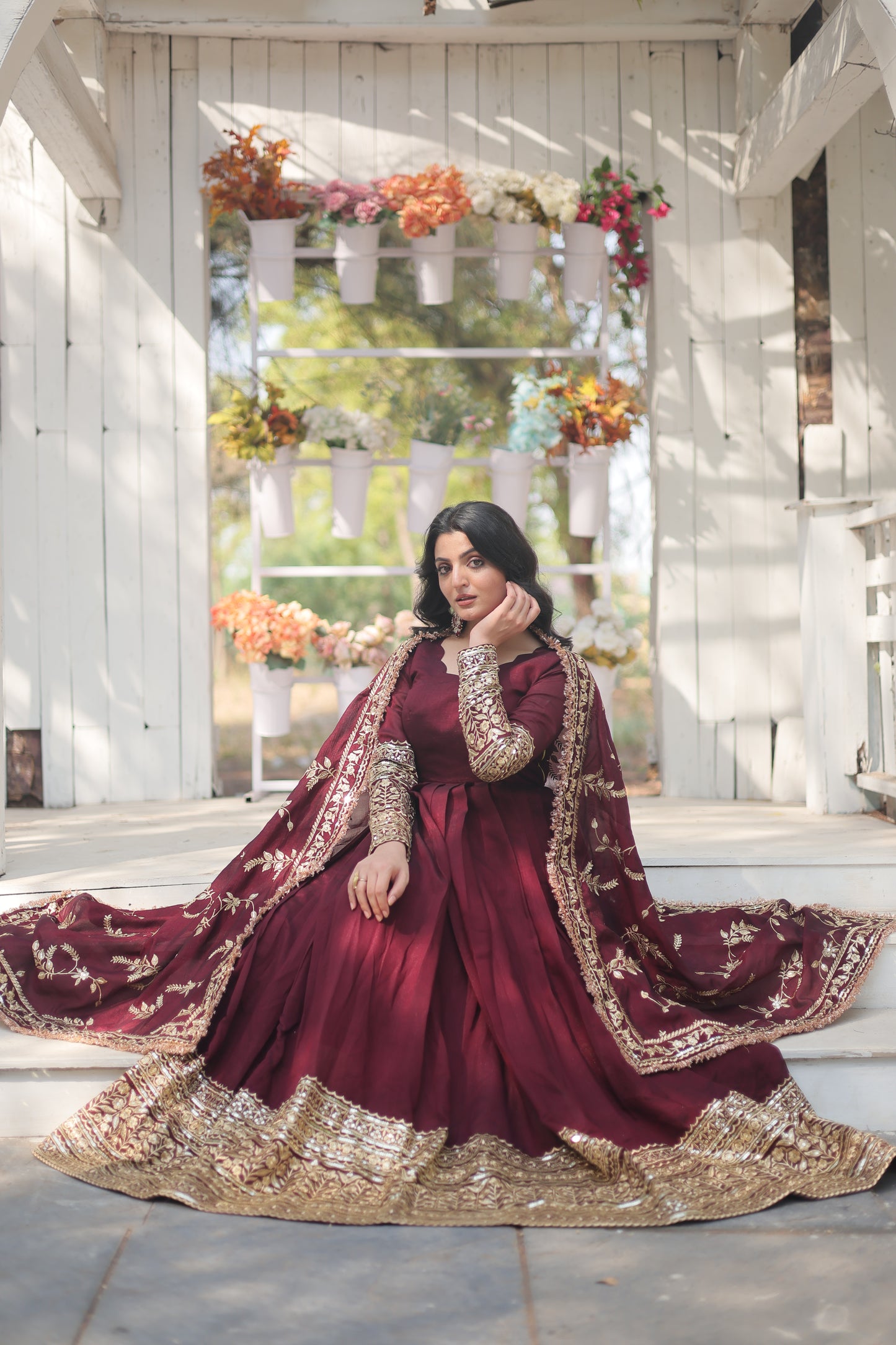 Traditional Maroon Gown With Golden Embroidery