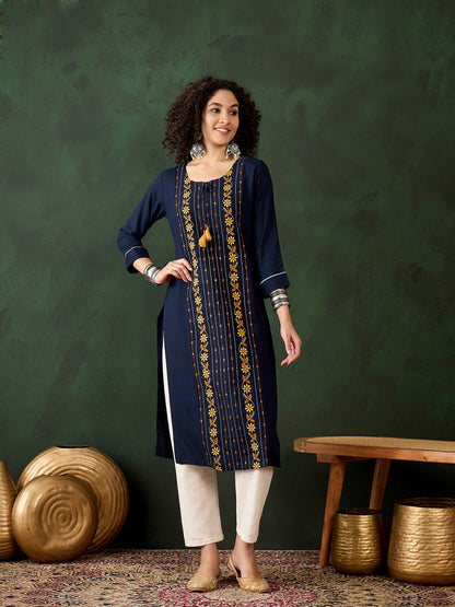 Embroidered Floral Work Straight Kurta