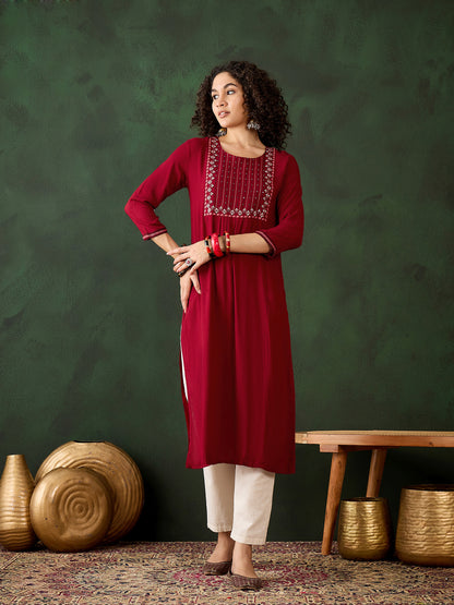 Embroidered Floral Work Straight Kurta