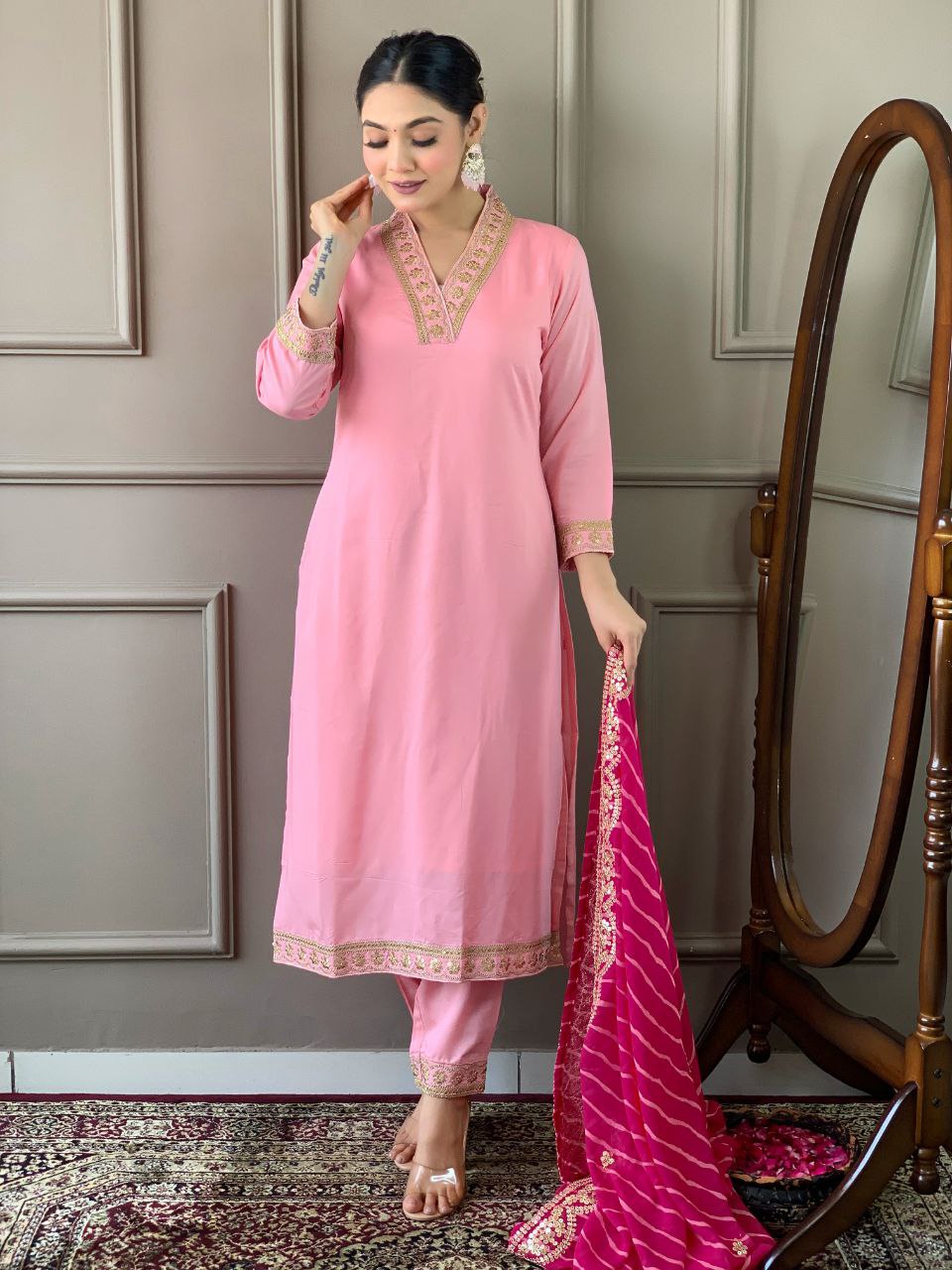 Women Embroidered Straight Kurta Pants Set with Dupatta