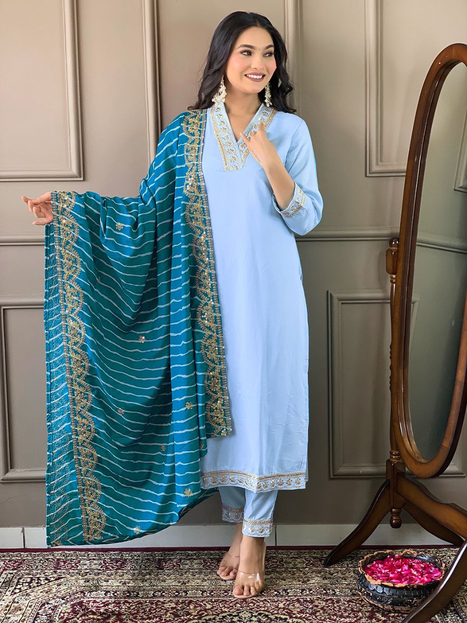 Women Embroidered Straight Kurta Pants Set with Dupatta