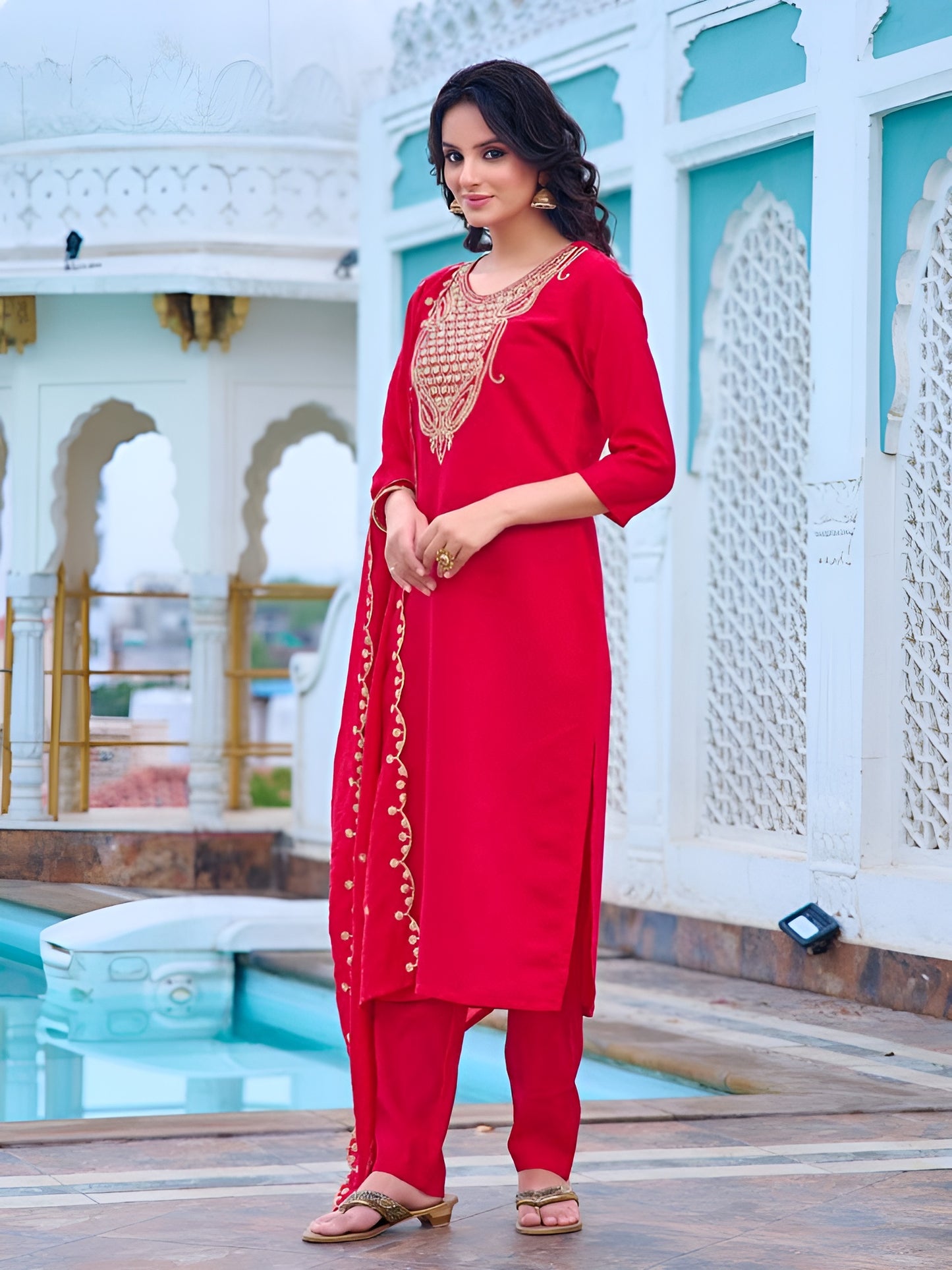 Women Embroidered Straight Kurta Set