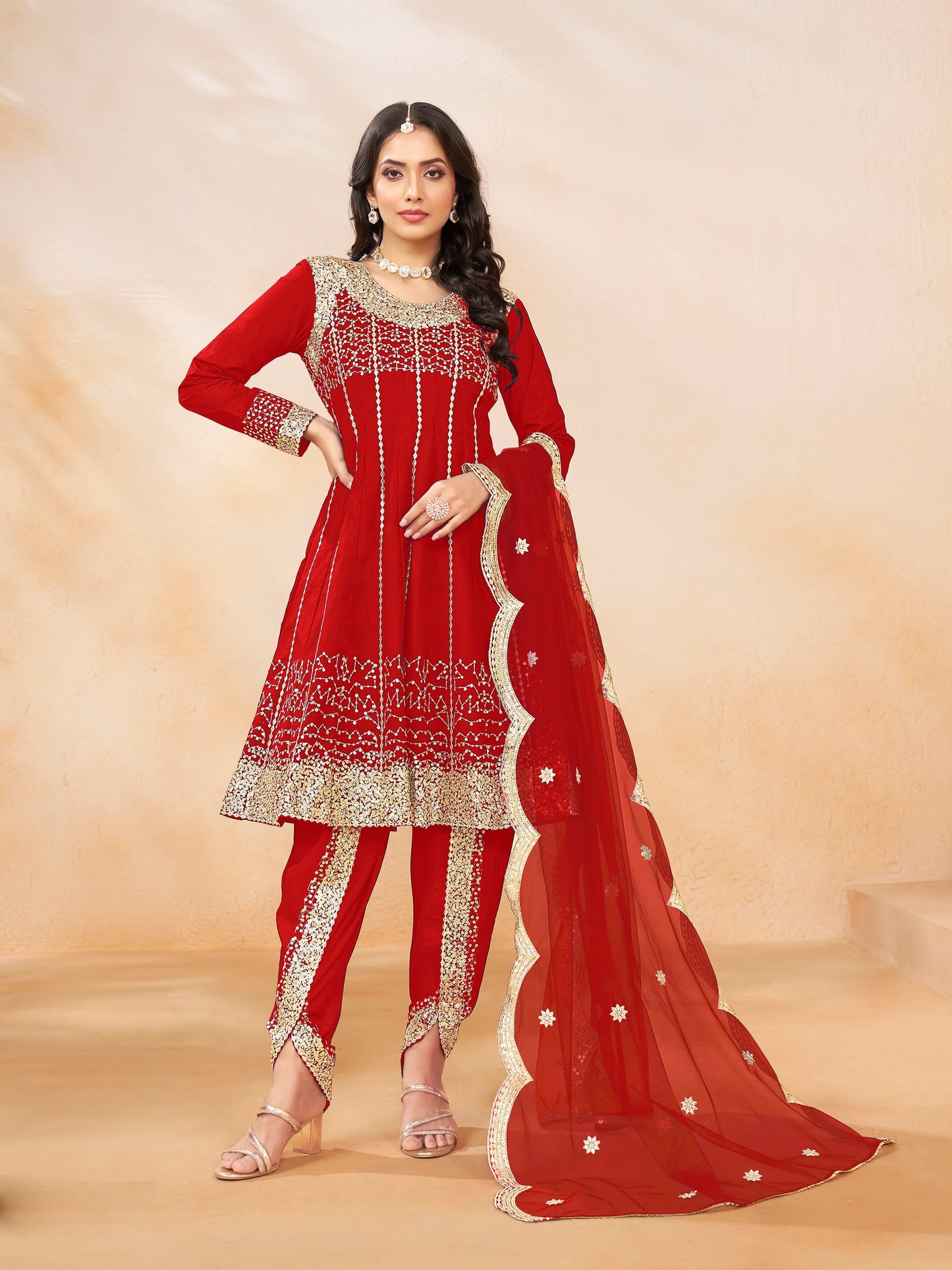 Embroidered Art Silk Dhoti Style Salwar Suit