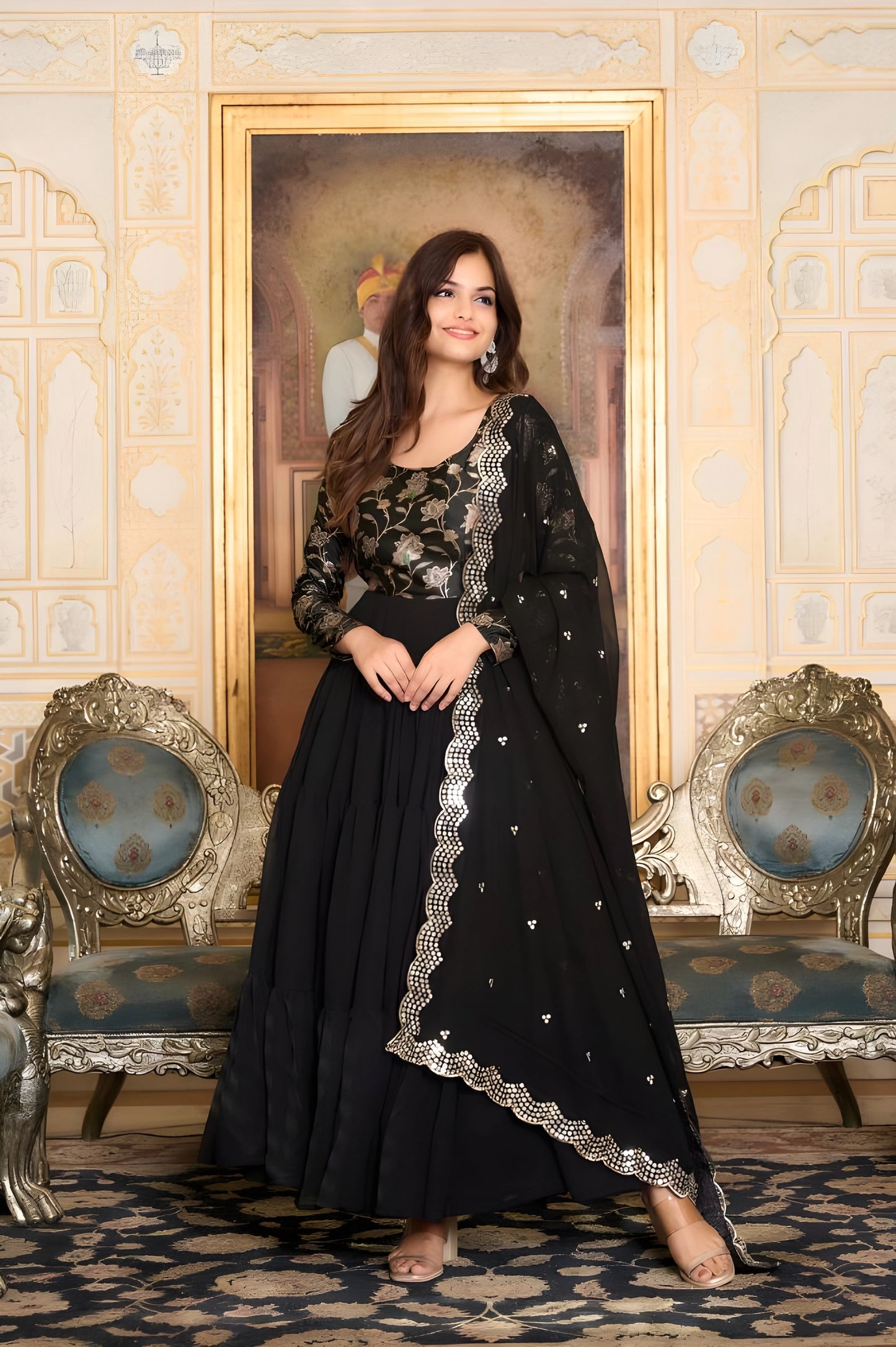 Flared Faux Georgette Gown with Dupatta