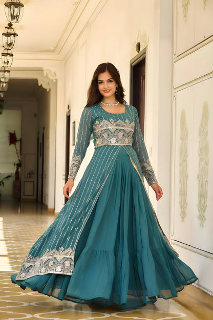 Embroidered Faux Georgette Lehenga with Shrug