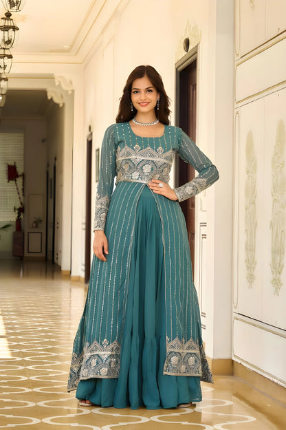 Embroidered Faux Georgette Lehenga with Shrug