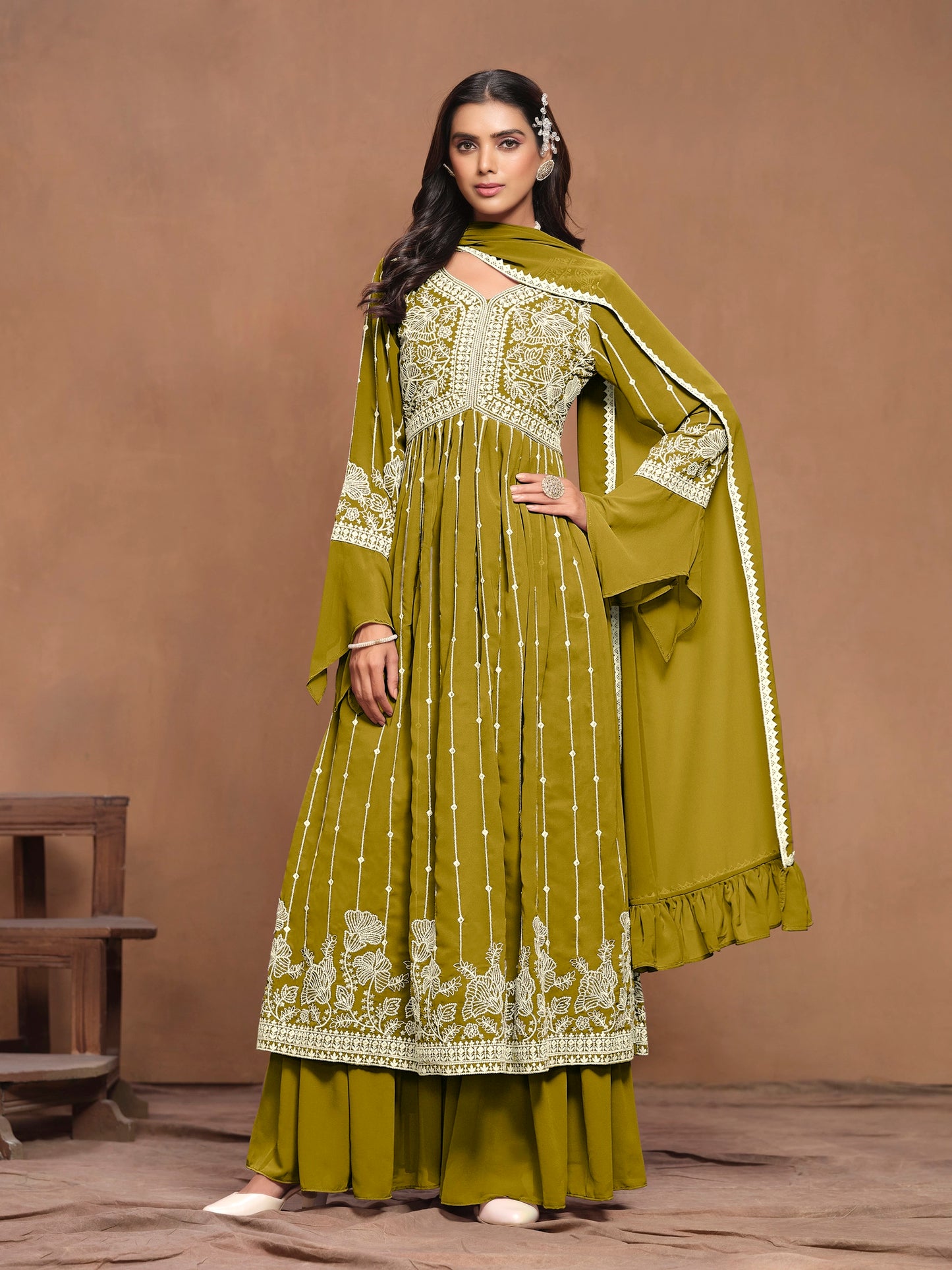 Georgette Embroidered Festive Palazzo Suit