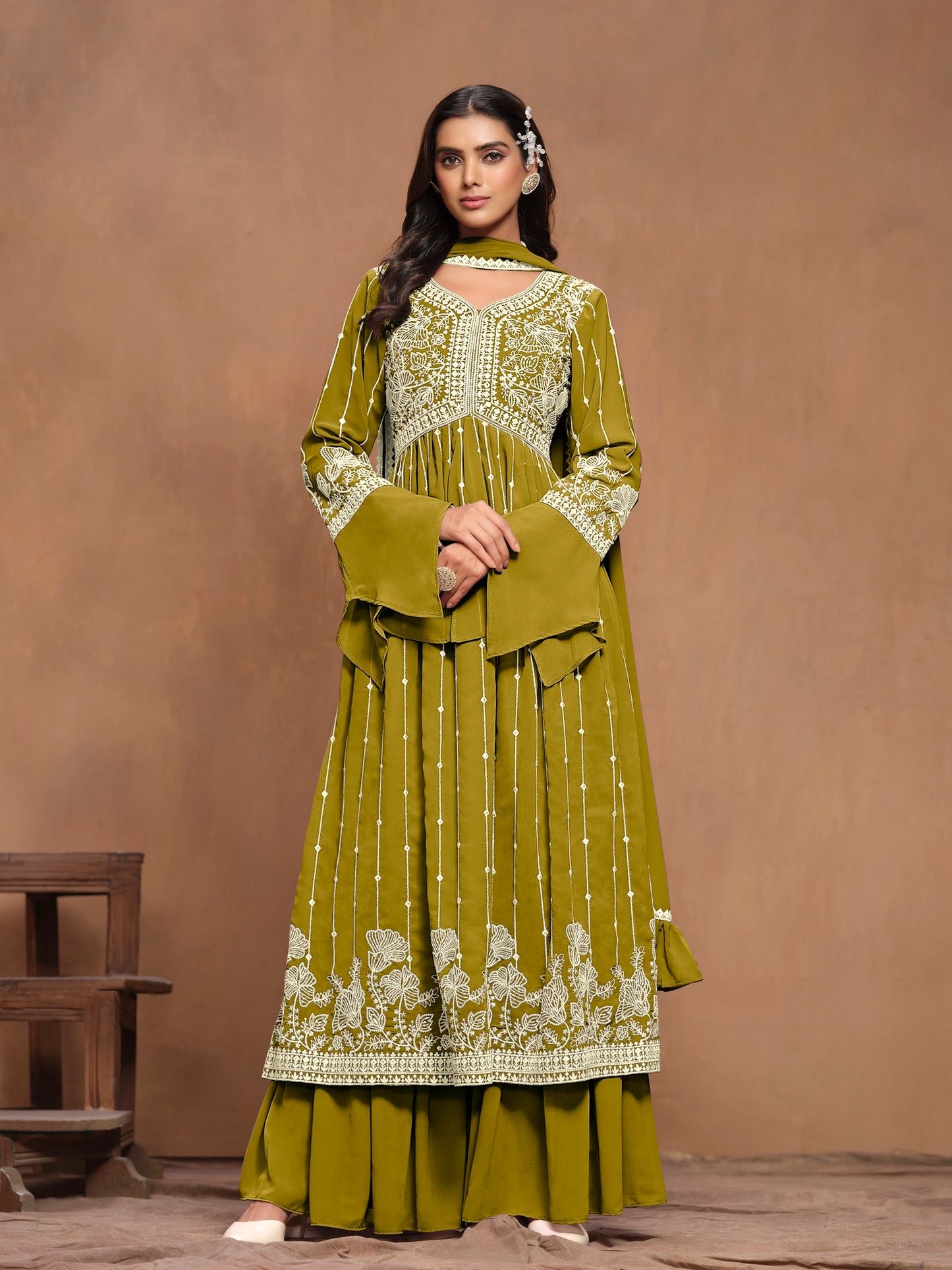 Georgette Embroidered Festive Palazzo Suit