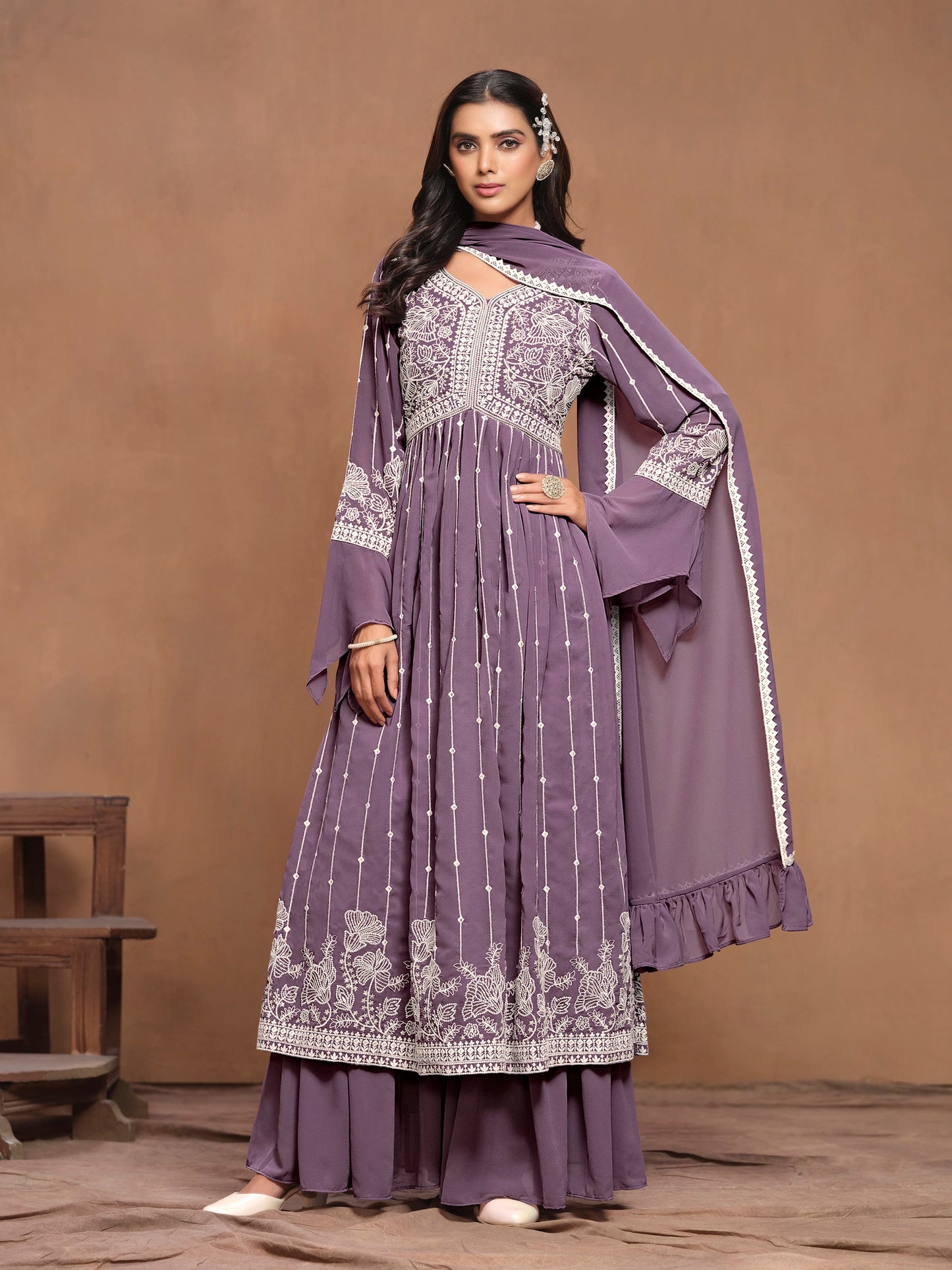 Georgette Embroidered Festive Palazzo Suit