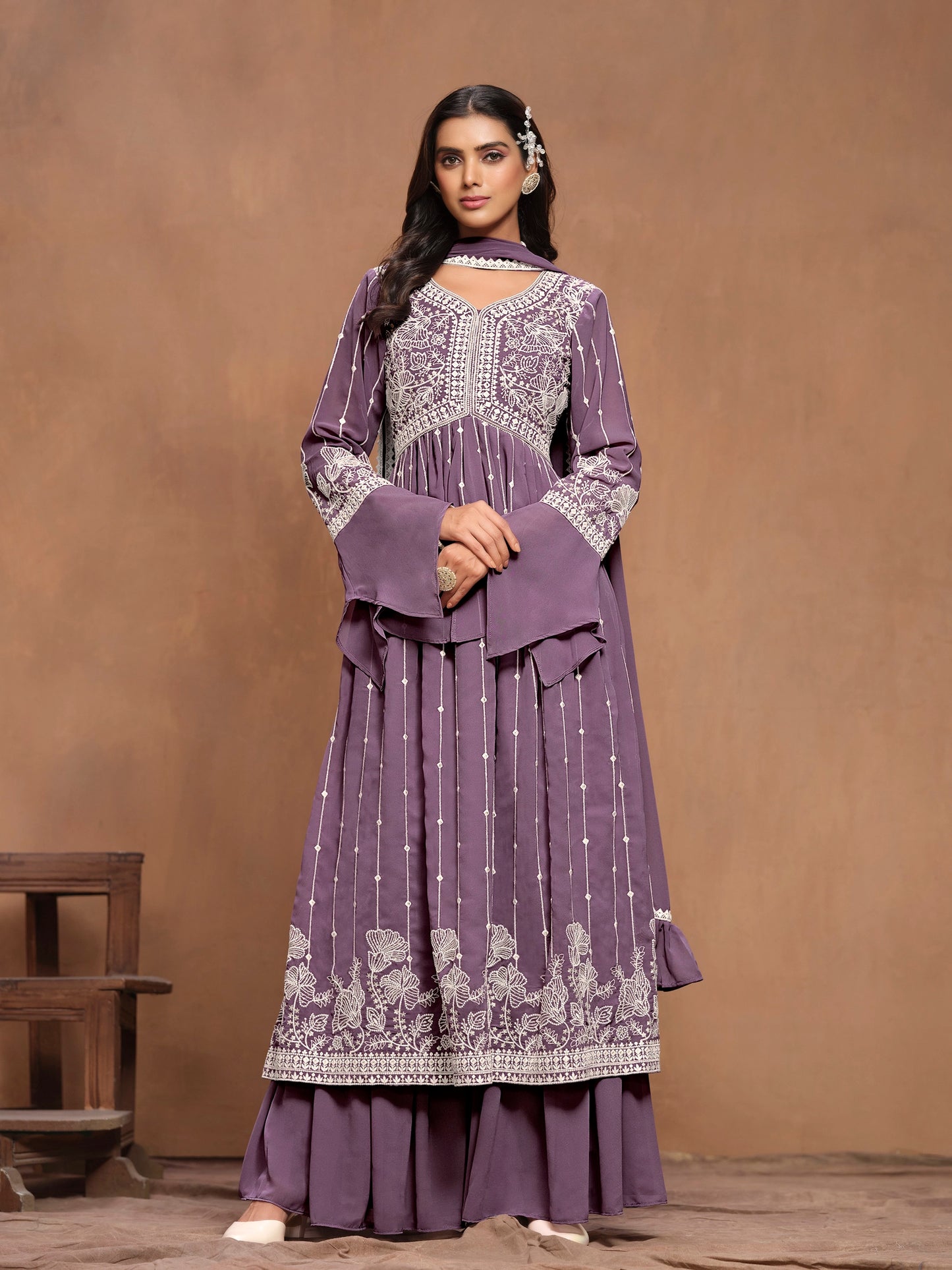 Georgette Embroidered Festive Palazzo Suit