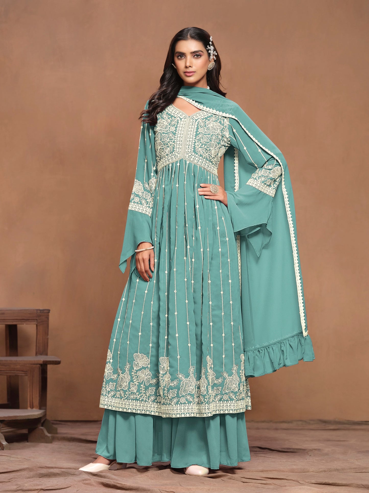 Georgette Embroidered Festive Palazzo Suit