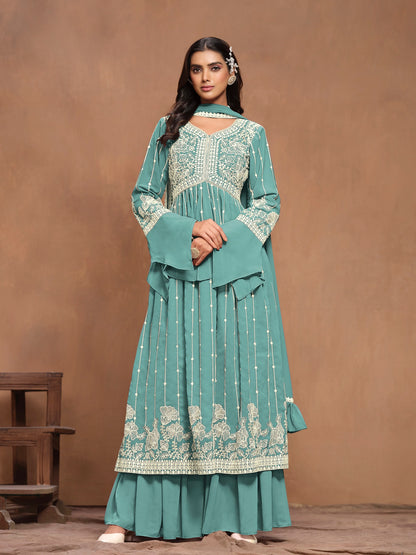 Georgette Embroidered Festive Palazzo Suit