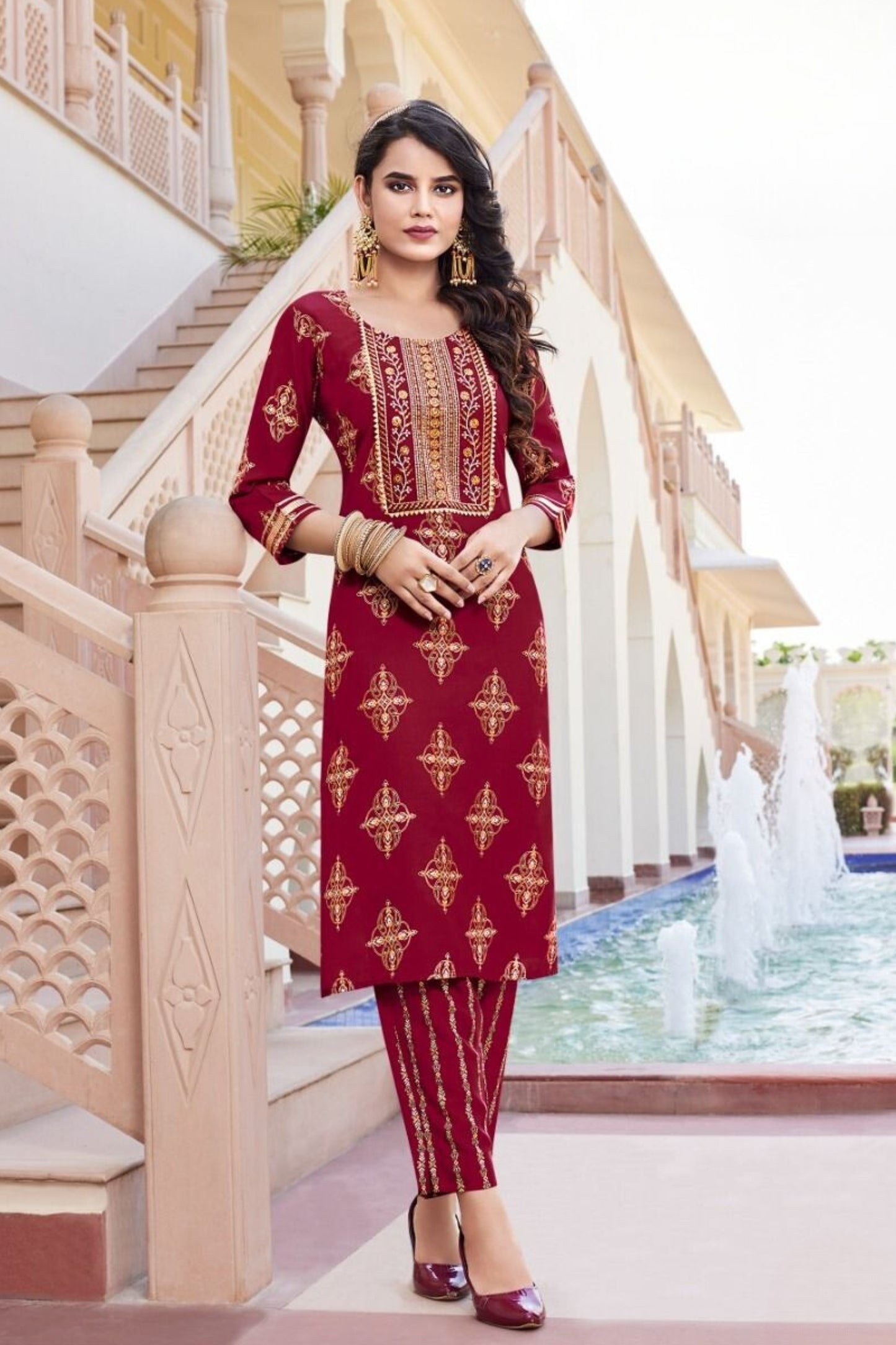 Fluid Fashion Liva Rayon Gold Printed Embroidery Kurti Pant with Pocket