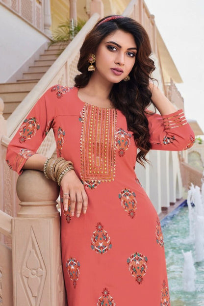 Fluid Fashion Liva Rayon Gold Printed Embroidery Kurti Pant with Pocket