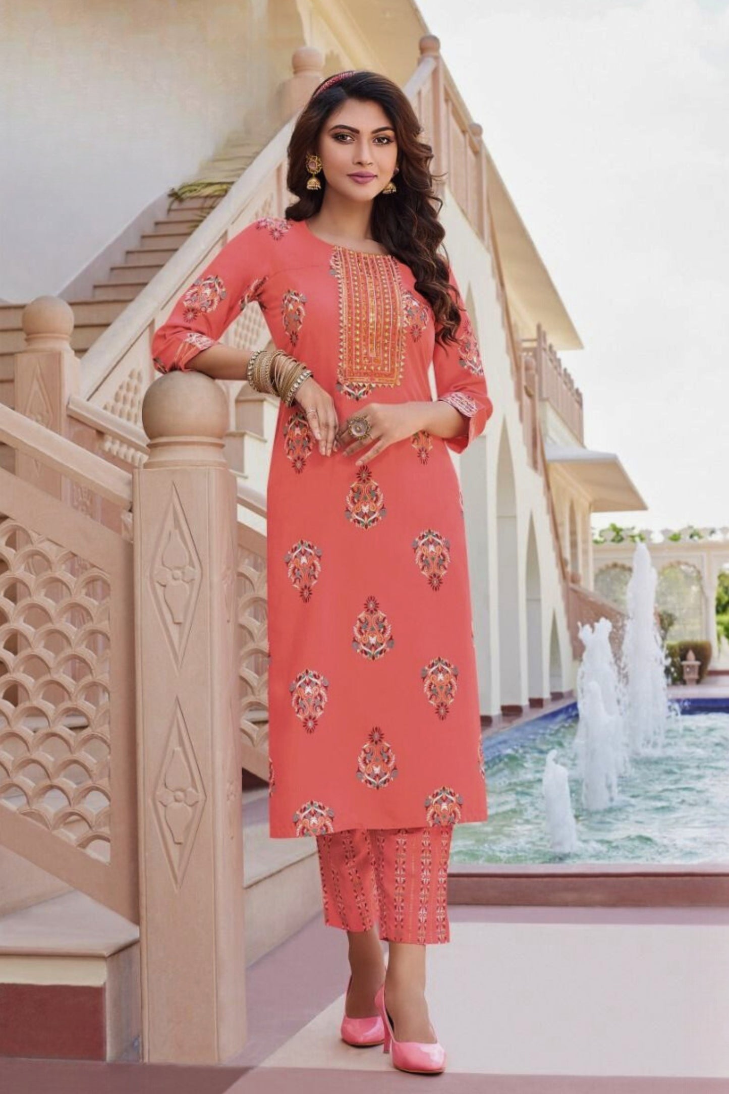 Fluid Fashion Liva Rayon Gold Printed Embroidery Kurti Pant with Pocket