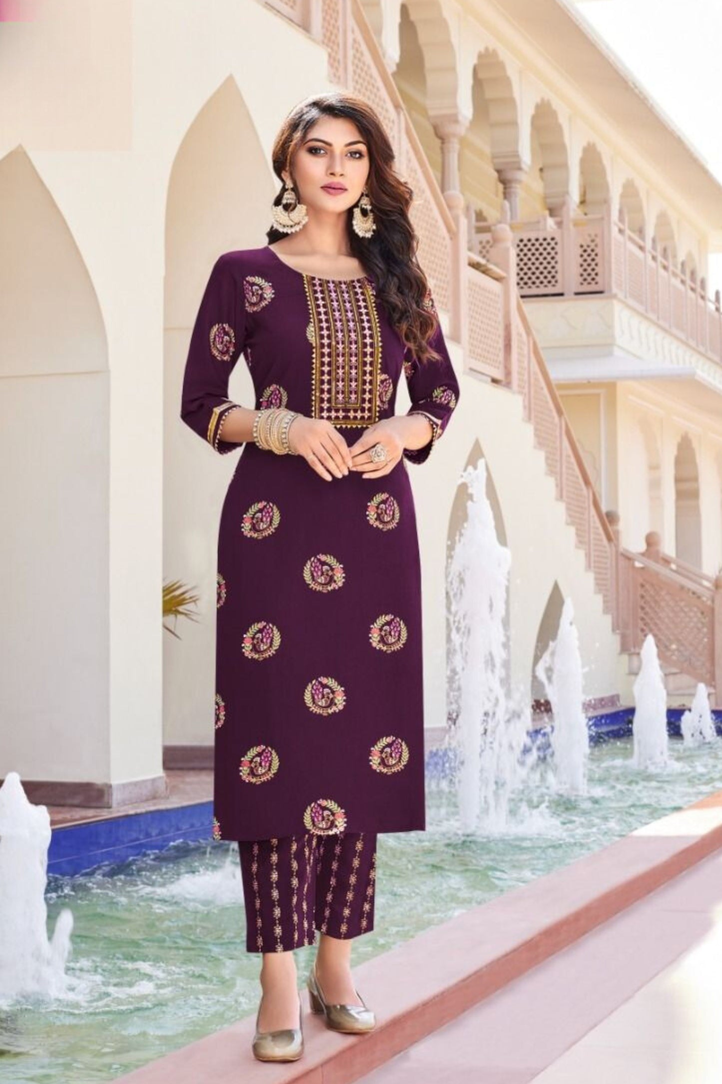 Fluid Fashion Liva Rayon Gold Printed Embroidery Kurti Pant with Pocket