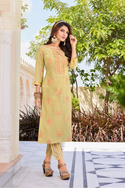 Fluid Fashion Liva Rayon Gold Printed Embroidery Kurti Pant with Pocket