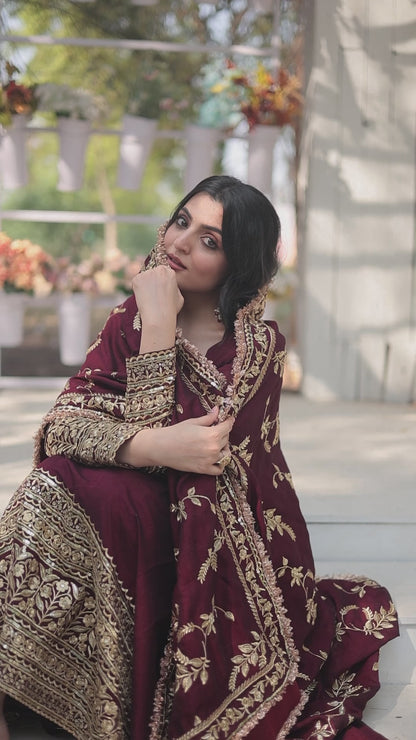 Traditional Maroon Gown With Golden Embroidery