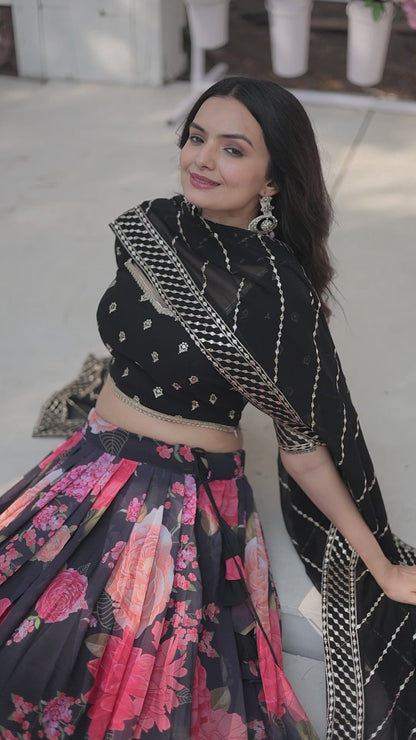 Black Sequins Lehenga Choli Flower Printed