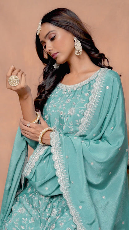 Aqua Blue Chinnon Resham & Sequins Embroidered Palazzo Suit