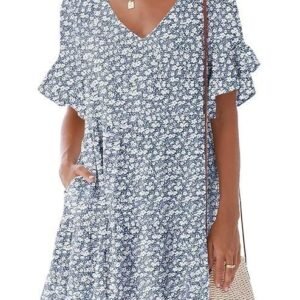 nclook Women's Summer Casual Dress Sweet & Cute V-Neck Mini Dress with Pocket Short Sleevele Ruffle Dress
