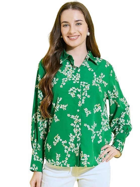 Floral Printed Green Collared Neck Long Sleeve Crepe Regular Fit Women's Casual Shirt || Flower Printed Spread Collar Long Cuffed Sleeve Button Down Regular Length Shirt For Women Stylish Western