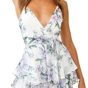 Fixmatti Women Boho Romper Off Shoulder Ruffle Chiffon Shorts Jumpsuit Playsuits