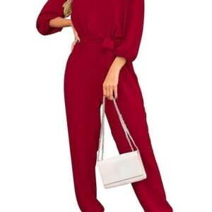 PRETTYGARDEN Women's 2023 Autumn Jumpsuits, Casual Dressy, One-Piece Outfits, V-Neck, Long Sleeve, Belt Pockets, Long Trousers, Rompers, Getaway Solids, XXL