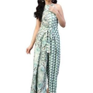 Hencemade Printed Sea Green Tie Around Backless Jumpsuit