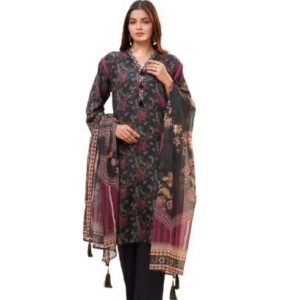 THE COTTON LAWN SHOP Women's 3 Piece Floral Printed Cotton Salwar Suit Dupatta With Embroidered Sleeves Patch lace Dress Material - Black