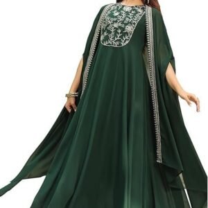 Janasya Women's Dark Green Georgette Embroidered Anarkali Dress with Cape