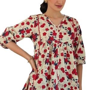 Janasya Women's Cream Pure Cotton Floral Printed A-line Top