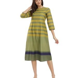 Pink Fort Cotton Striped A-Line Dress - Green