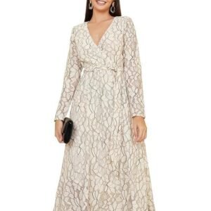 Styli A -Line Midi Dress – Casual Wear with Lace Insert, Self- Tie Belt, and Woven Design. Stylish and Comfortable Everyday Chic Look Dress for Women