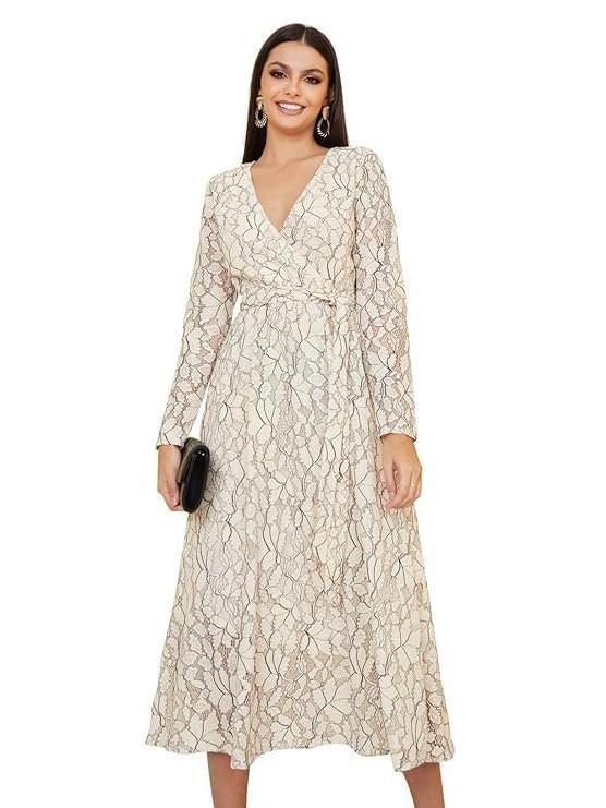 Styli A -Line Midi Dress – Casual Wear with Lace Insert, Self- Tie Belt, and Woven Design. Stylish and Comfortable Everyday Chic Look Dress for Women