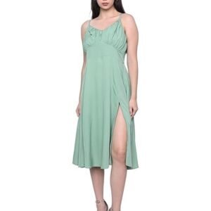 IndusVale Regular Fit Spaghetti Neck Solid Green Dress for Women, Casual Wear, Sleeveless, Midi Length Dress, Bustier Dress, Machine Cold Washed Fabric.